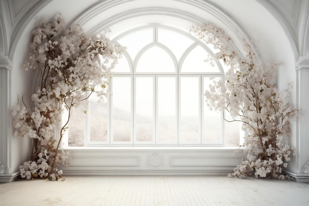 A white room with an arch and flowers on the wall Generative Ai