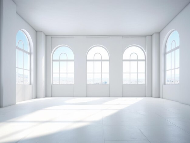 A white room with arched windows and a blue sky in the background.