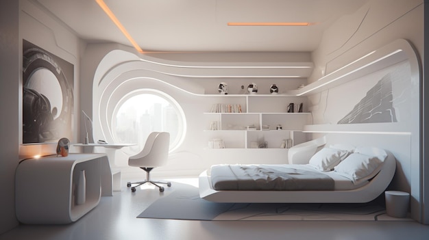 A white room with a bed and a desk in the middle.