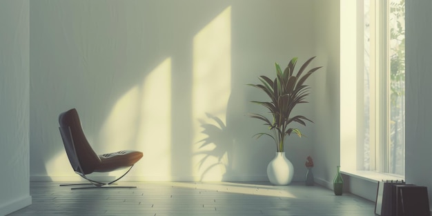 Photo a white room with a black chair and a potted plant