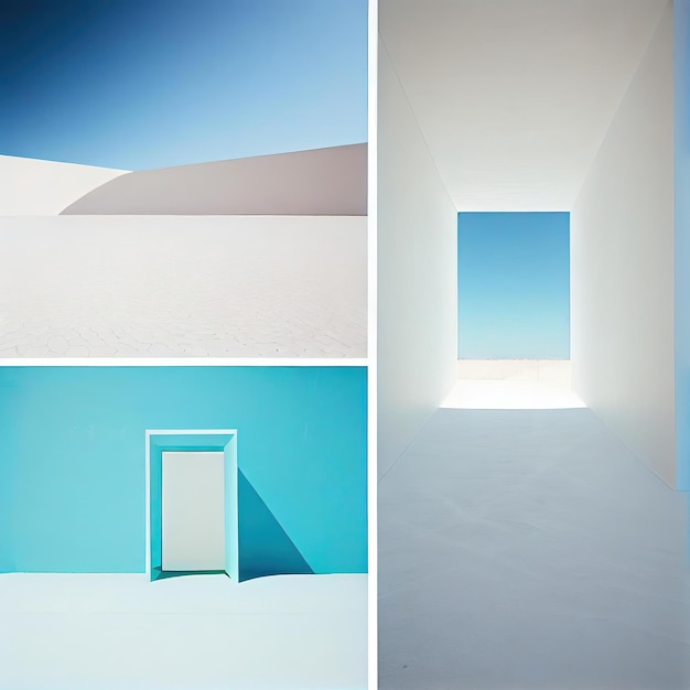 A white room with a blue door and a white