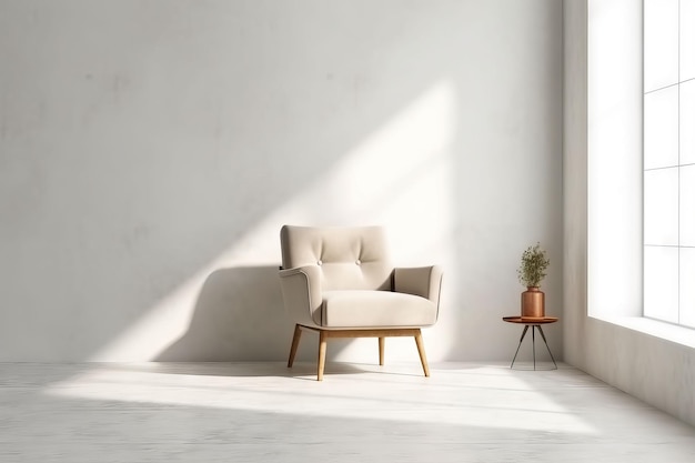 A white room with a chair and a small plant on the floor.