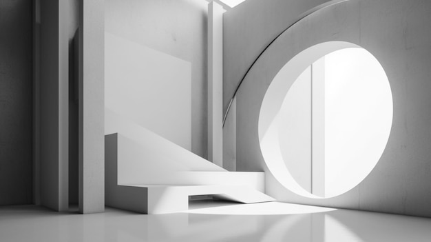 A white room with a circular window and a white structure.