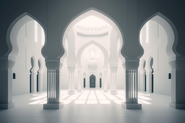 A white room with columns and arches with the light coming through the columns