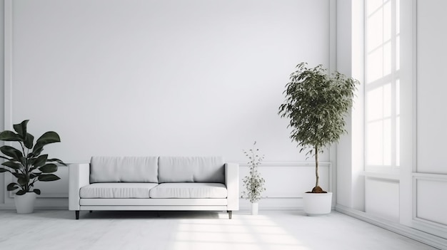 A white room with a couch and a plant in a pot