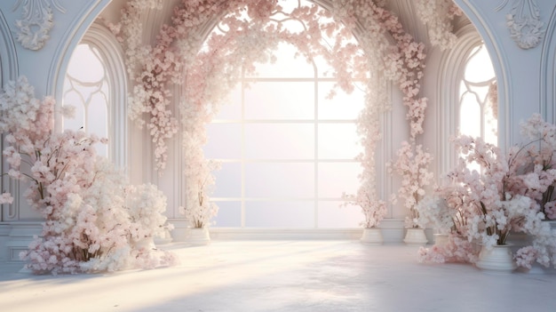 壁に花のアーチが付いた白い部屋