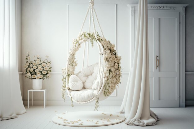 吊り椅子と花が飾られた白い部屋 ジェネレーティブ AI