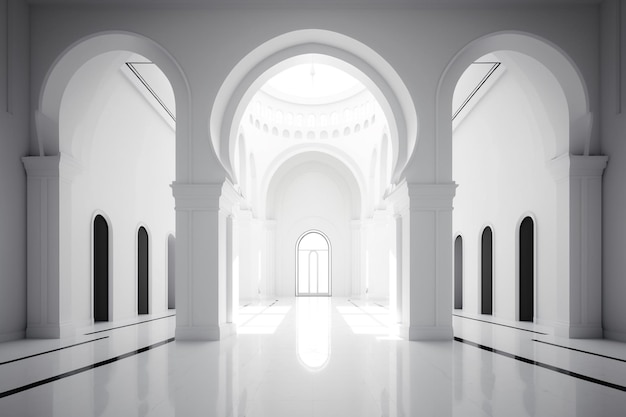 A white room with a large archway