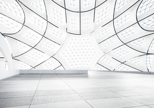A white room with a large ceiling that has a geometric pattern on it.