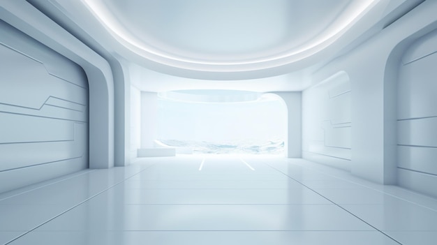 A white room with a large circular ceiling and a large window.