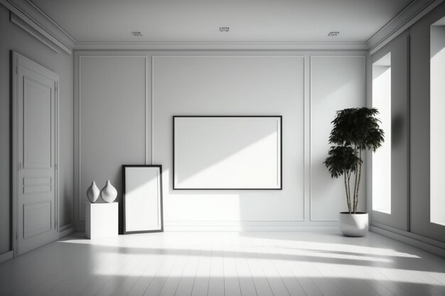 A white room with a large picture frame and a plant on the wall.