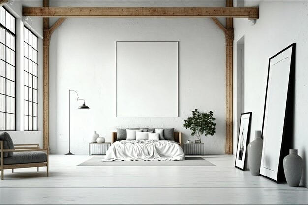 A white room with a large picture on the wall and a picture on the wall.