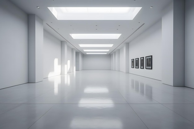 A white room with a large skylight and a white wall with pictures on it.