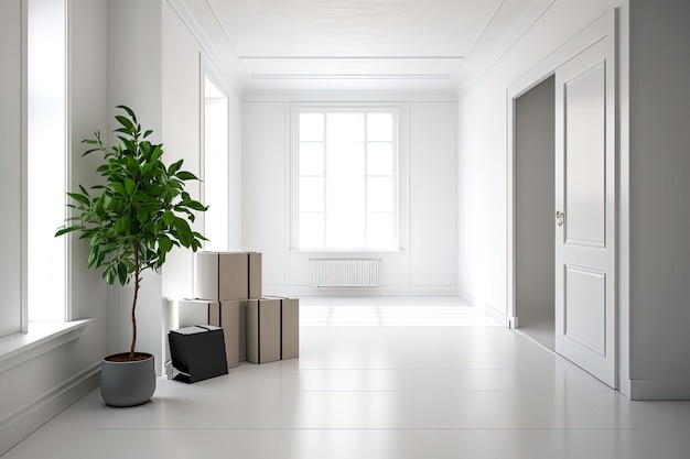 A white room with a large tree in the middle of it