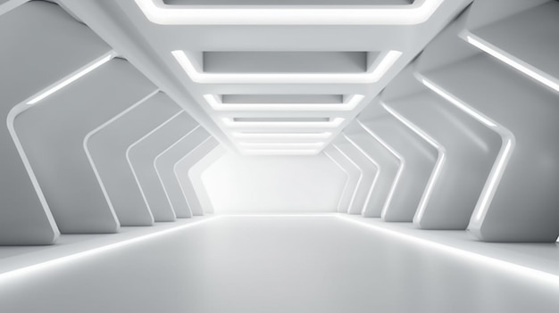 a white room with a long ceiling and a light at the end generative ai