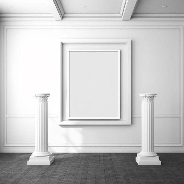 A white room with a picture frame and two pillars generative ai