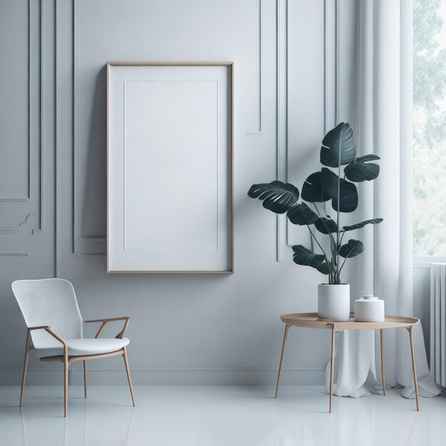 A white room with a picture on the wall and a plant on the table.