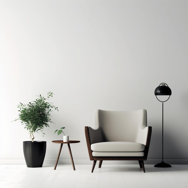 A white room with a plant and a chair in front of it