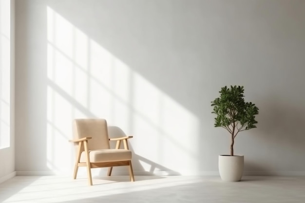 A white room with a plant in it and a chair in front of it.