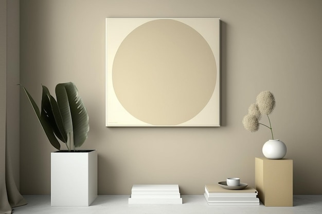 A white room with a plant and a large circle on the wall.