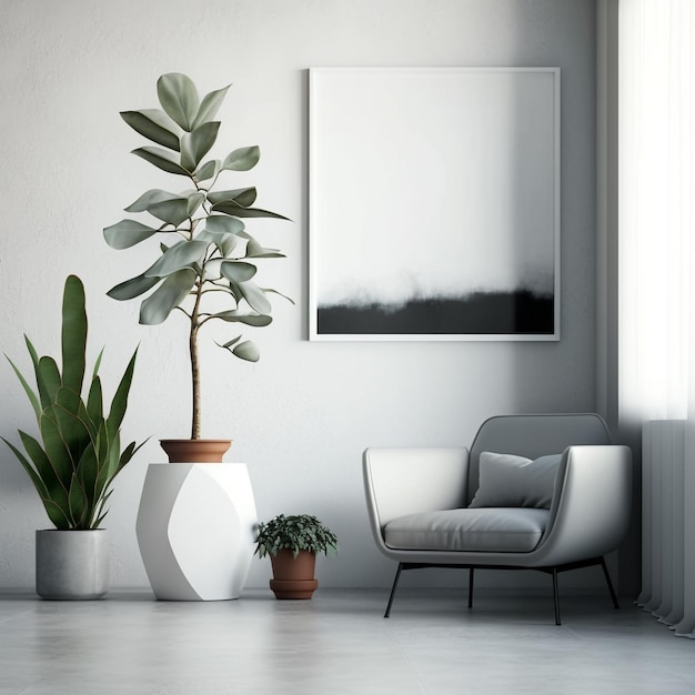 A white room with a plant and a picture on the wall