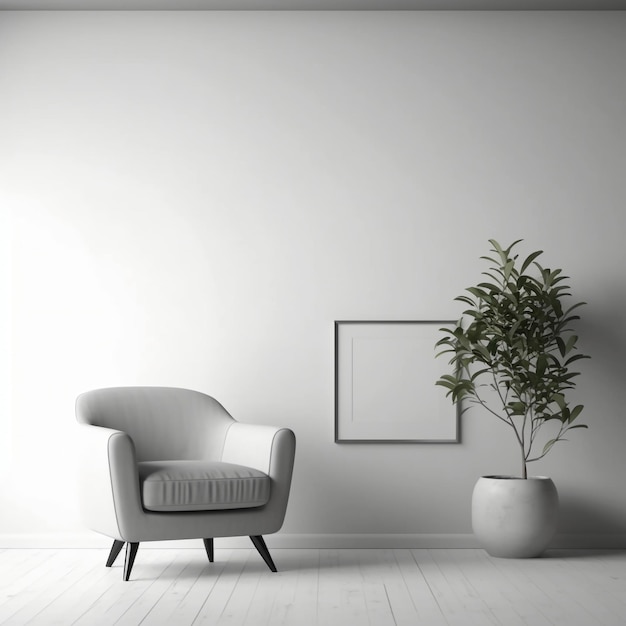 A white room with a plant in a pot and a chair in front of it.