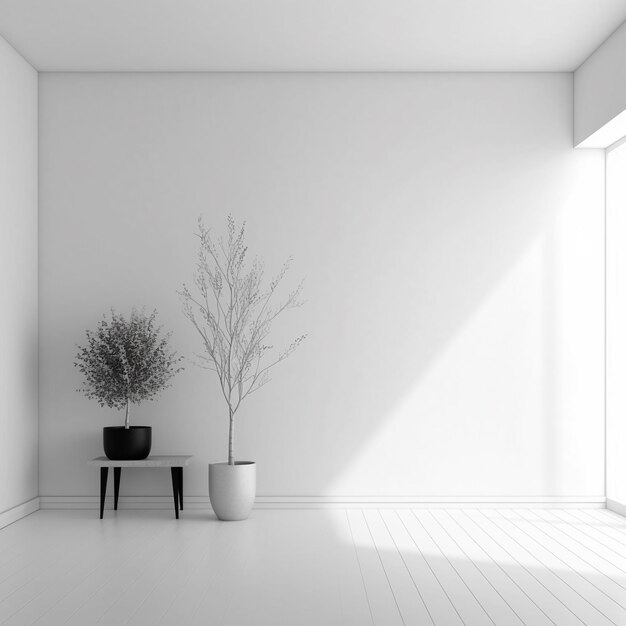 a white room with a plant and a pot with a plant on the table