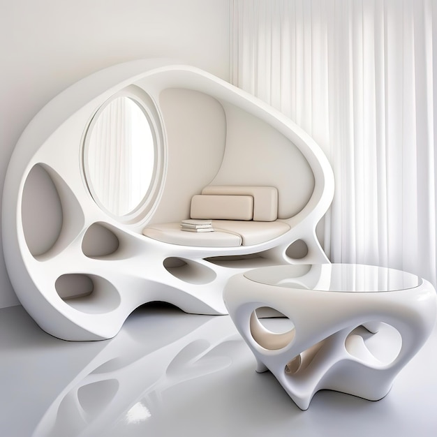 A white room with a round coffee table and a round coffee table.