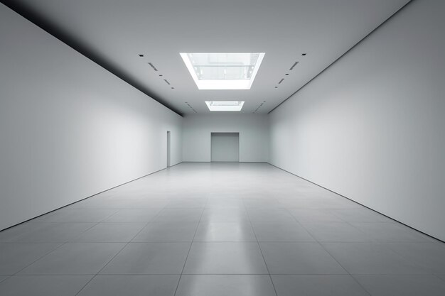 A white room with a skylight and a large window