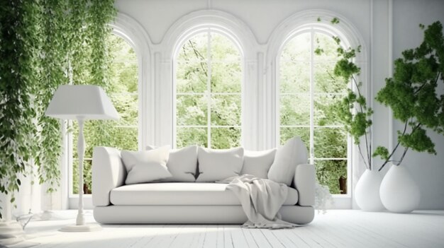 White room with sofa and green landscape in window Generative AI