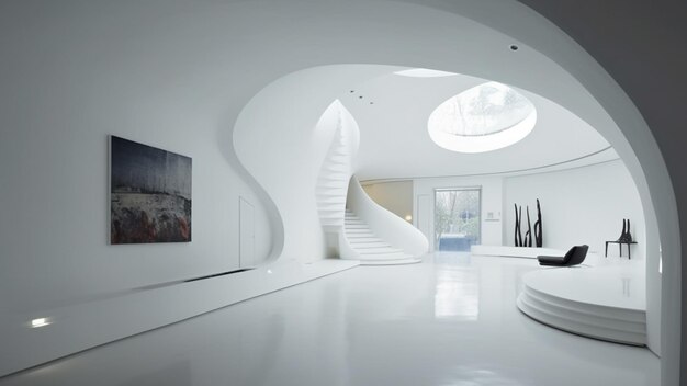 A white room with a spiral staircase and a skylight.