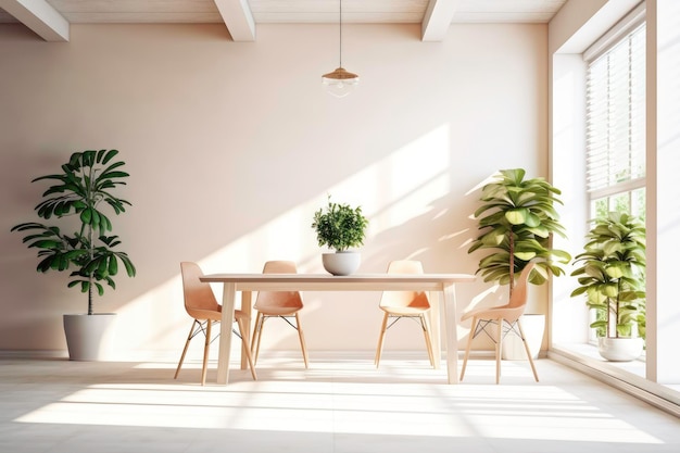 白い部屋にテーブルと椅子があり、壁には植物が飾られています。