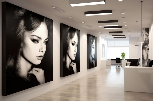 A white room with three black and white pictures on the wall generative AI