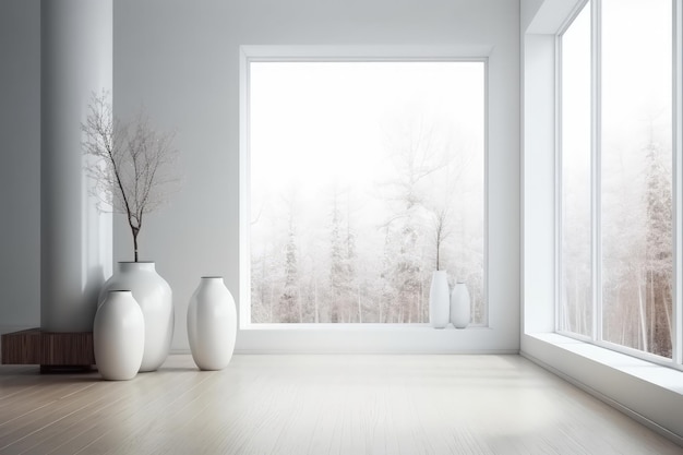 A white room with three vases and a window generative AI