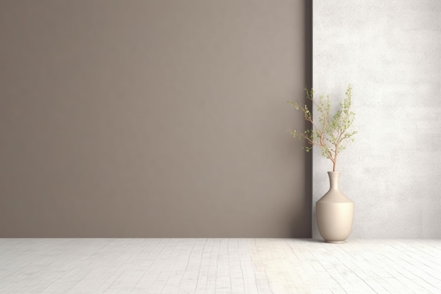 A white room with a vase and a wall