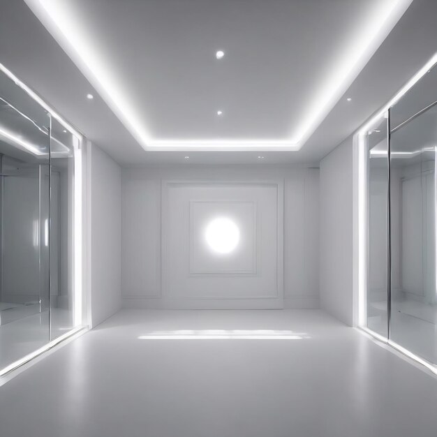 A white room with a white ceiling and a light that is shining through the glass