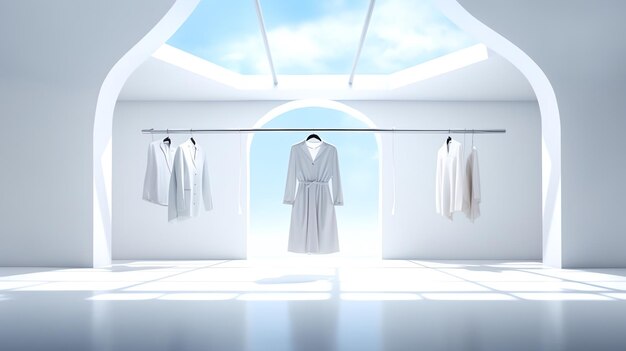 A white room with white clothes on a rack