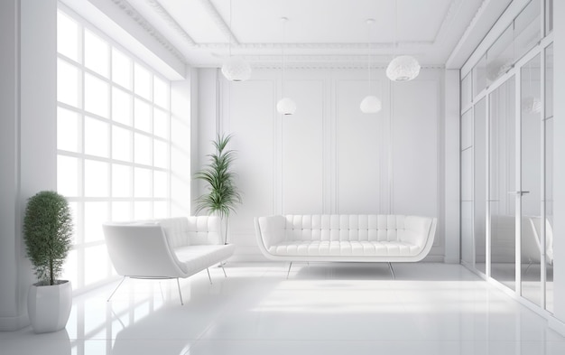 A white room with a white couch and a plant in the corner.