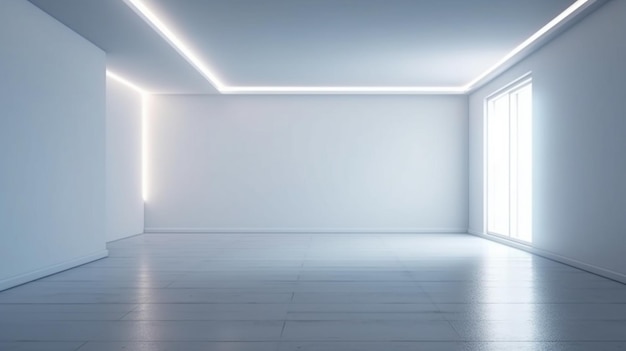 A white room with a white wall and lights on the ceiling.