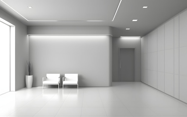 A white room with a white wall and two white chairs in front of it.