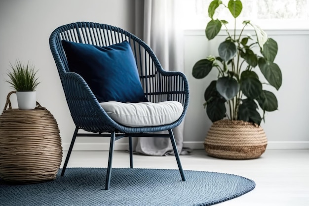 White room with wicker carpet and blue armchair