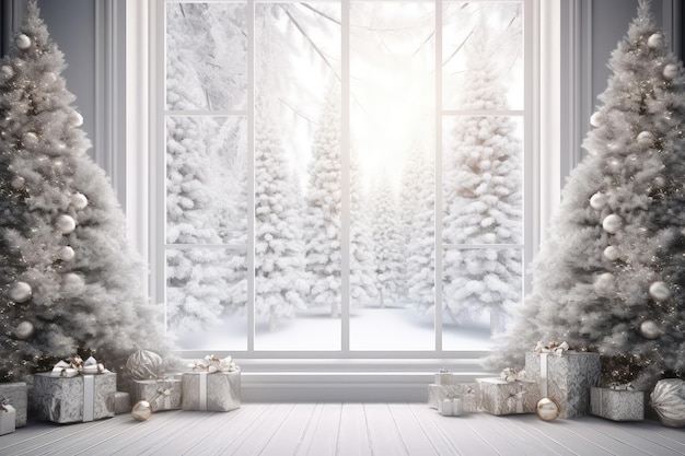 White room with window and christmas tree