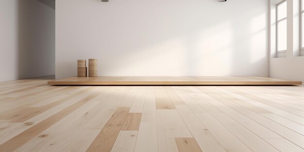 A white room with a wooden floor and a white wall.