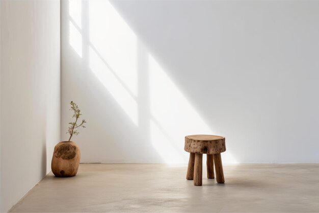 A white room with a wooden stool and a plant on the floor.