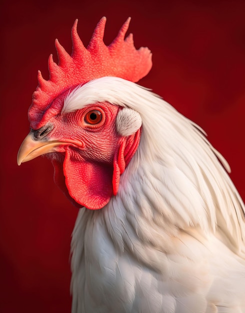 white rooster close up on red background