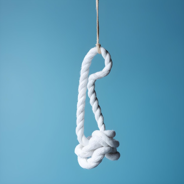 A white rope hangs from a string with the word " on it. "