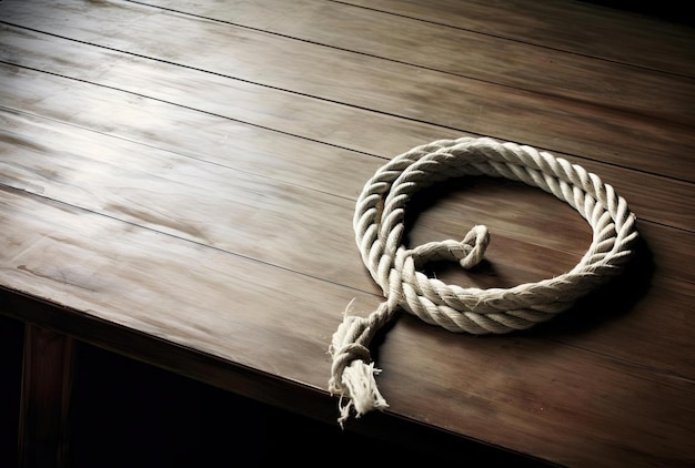 Photo a white rope resting on a wooden table in the style of split toning