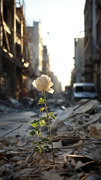 White rose and fire in war zone