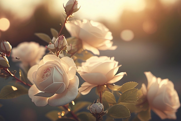 Photo white rose flower in the garden of flowers and sunlight with bokeh