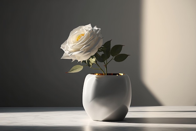 A white rose is in a vase on a table.